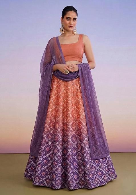 Purple Printed Silk Lehenga Set