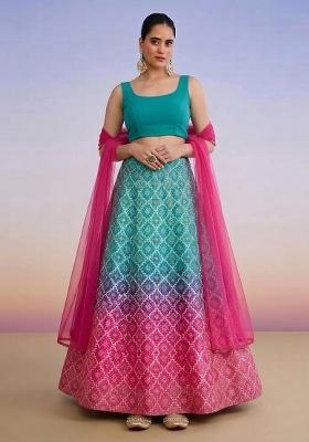 Pink Printed Silk Blend Lehenga Set