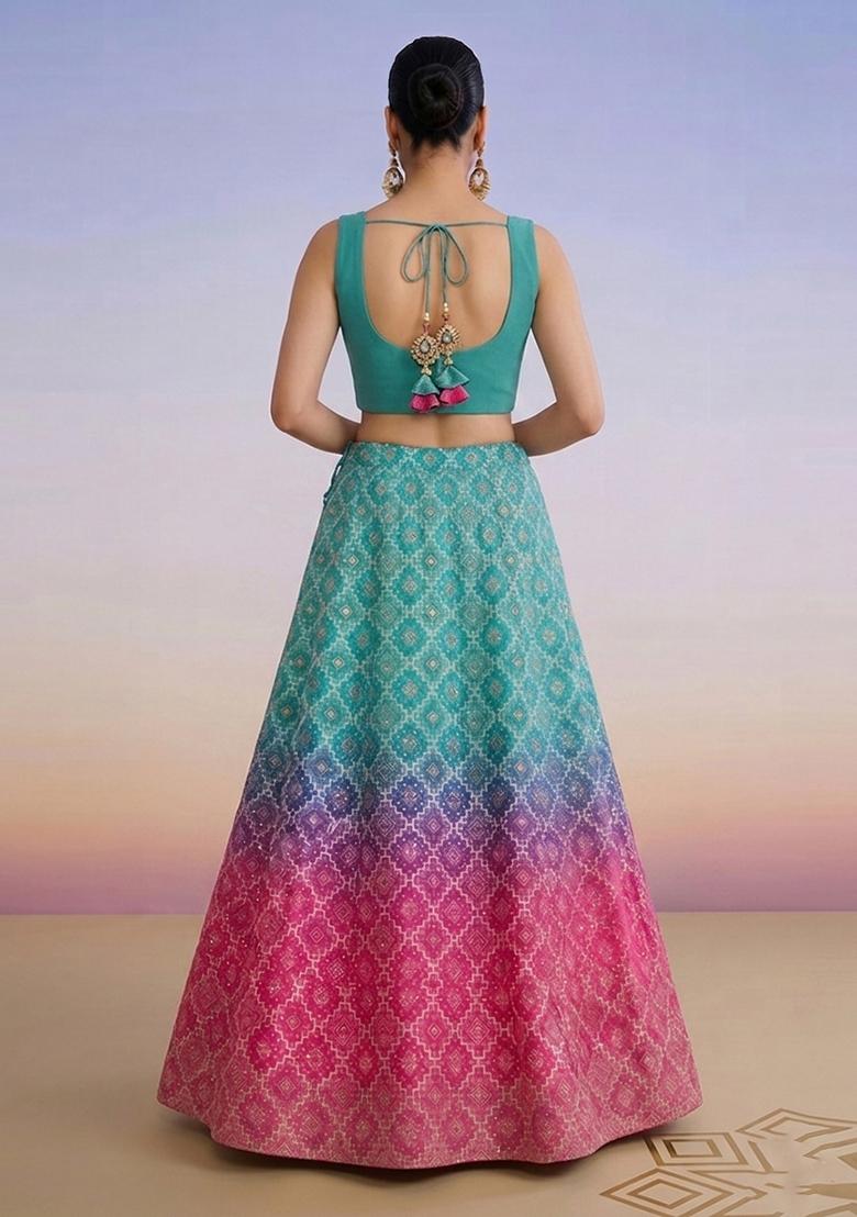 Pink Printed Silk Blend Lehenga Set - Indya