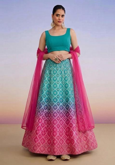 Pink Printed Silk Lehenga Set