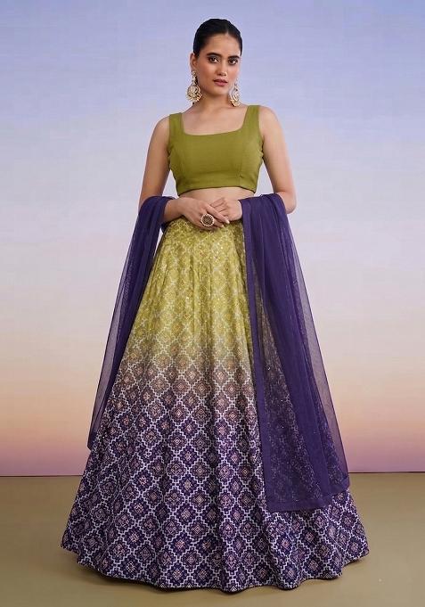 Purple Printed Silk Lehenga Set