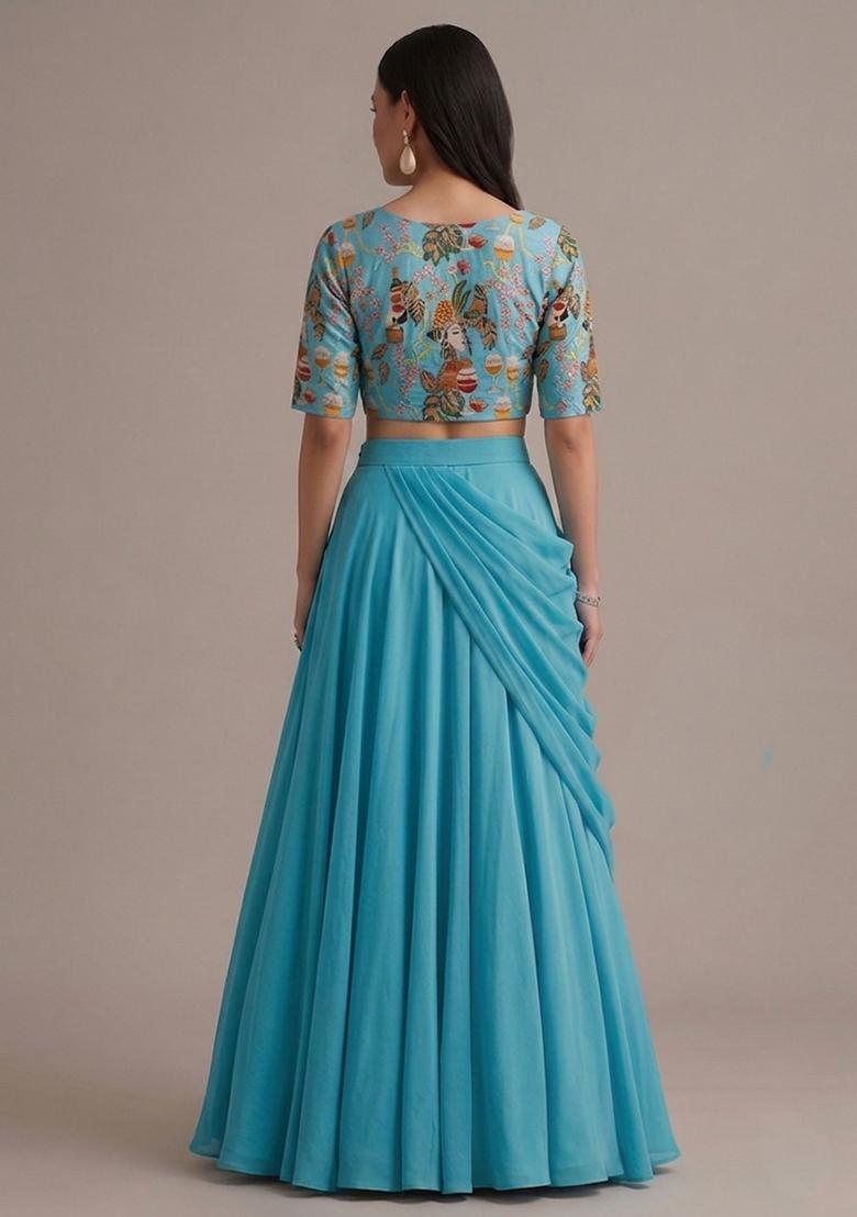Turquoise Blue Printed Crepe Lehenga Set - Indya