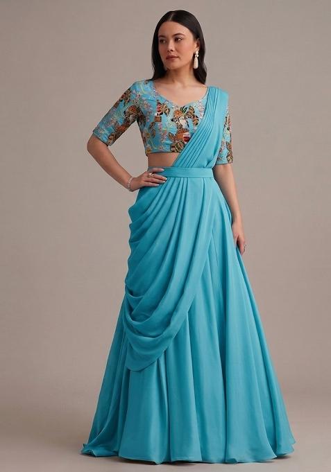 Turquoise Blue Printed Crepe Lehenga Set