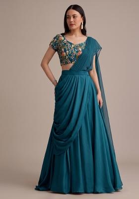 Deep Teal Blue Printed Crepe Lehenga Set