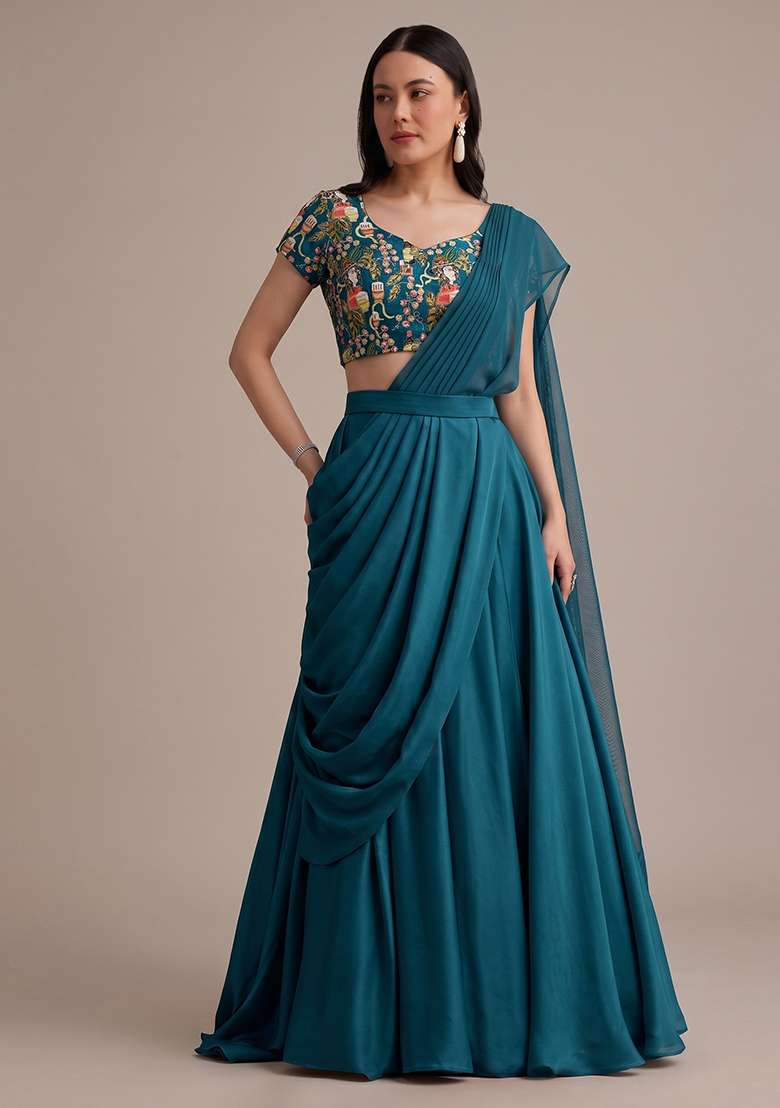 Deep Teal Blue Printed Crepe Lehenga Set for Diwali and Festive Wear - Indya