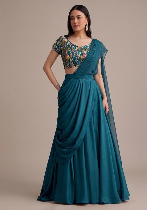 Deep Teal Blue Printed Crepe Lehenga Set