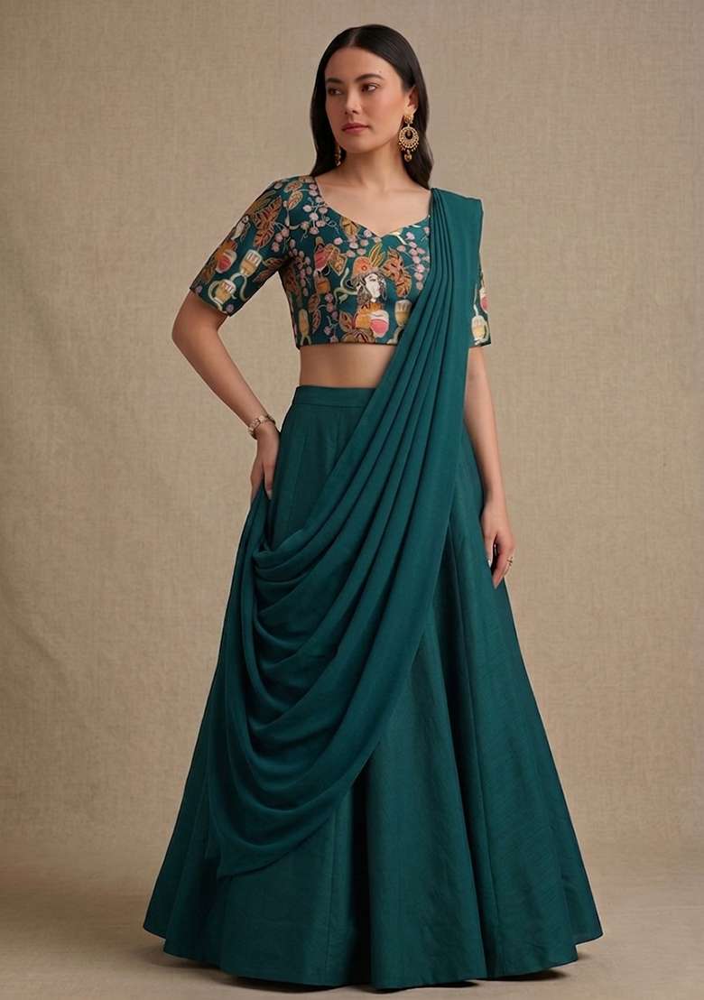 Bottle Green Crepe Lehenga Set with Printed for Diwali | Wedding & Festive Wear - Indya