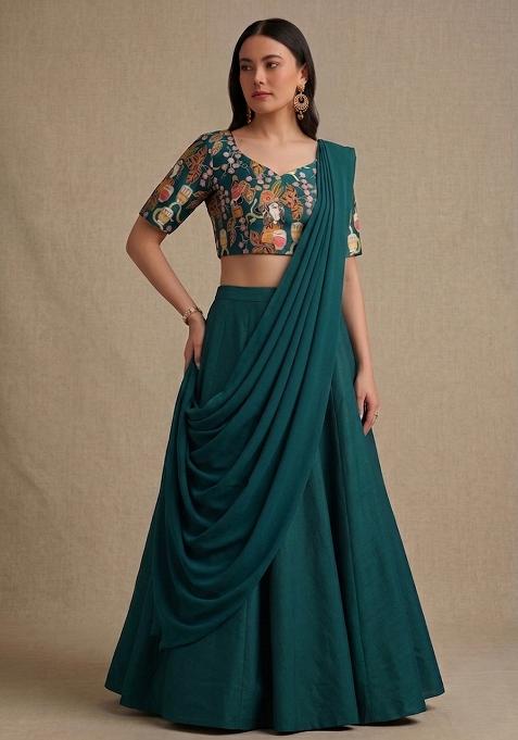 Bottle Green Printed Crepe Lehenga Set