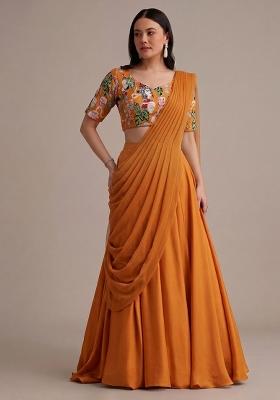 Orange Printed Crepe Lehenga Set