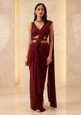 Deep Wine Embroidered Handwork Pre Draped Saree Set