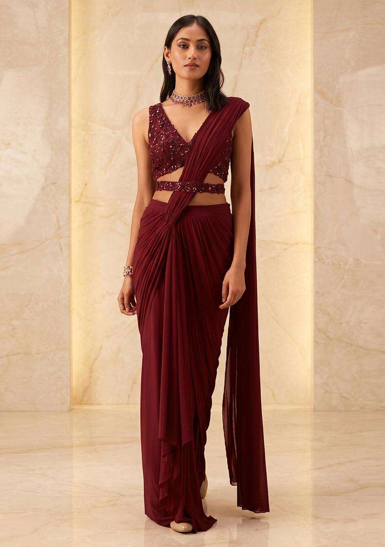 Deep Wine Embroidered Handwork Pre Draped Saree Set - Indya