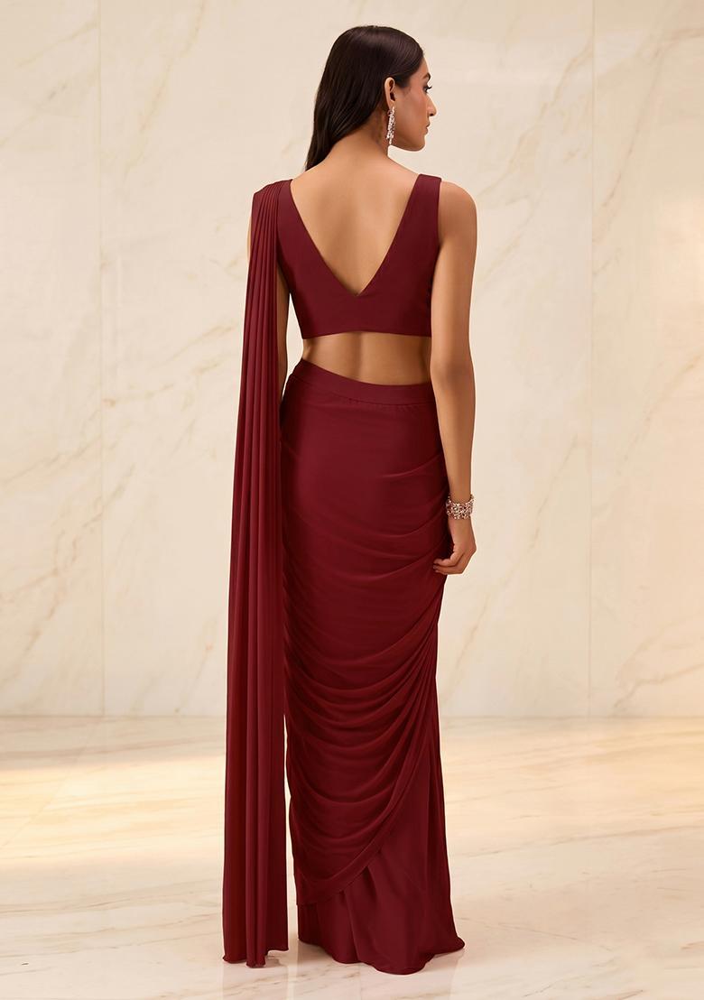 Deep Wine Embroidered Handwork Pre Draped Saree Set - Indya
