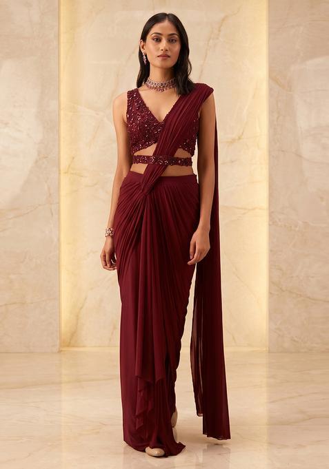 Deep Wine Embroidered Handwork Pre Draped Saree Set