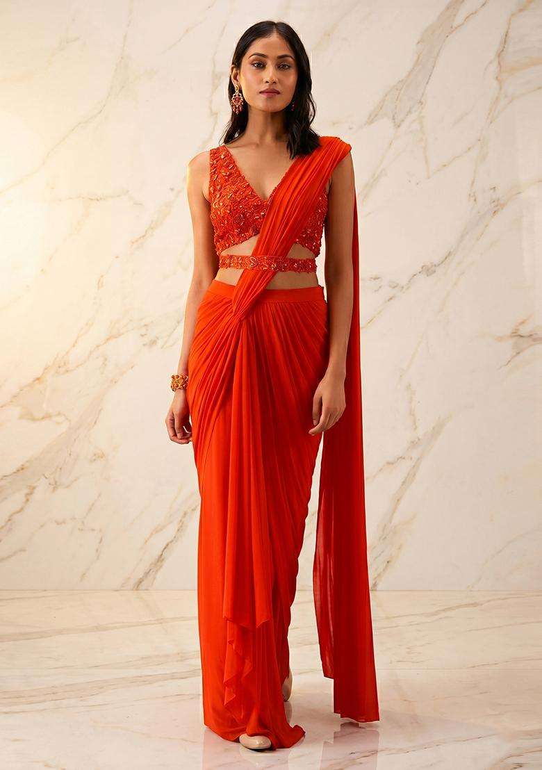 Orange Embroidered Handwork Pre Draped Saree Set - Indya