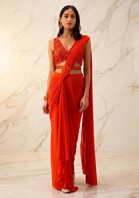 Orange Embroidered Handwork Pre Draped Saree Set
