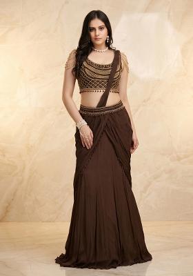 Coffee Brown Embroidered Handwork Pre Draped Saree Set