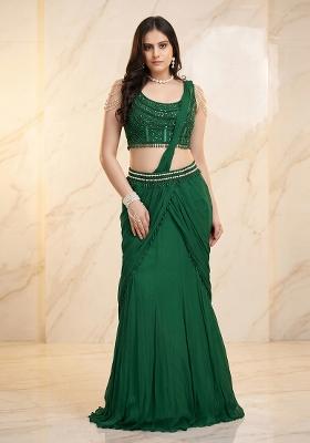 Bottle Green Embroidered Handwork Pre Draped Saree Set