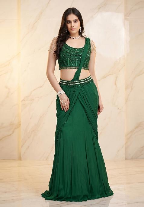 Bottle Green Embroidered Handwork Pre Draped Saree Set
