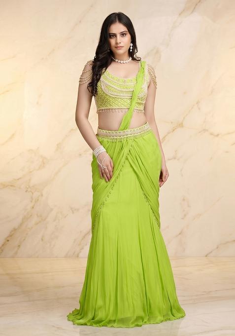 Lime Green Embroidered Handwork Pre Draped Saree Set