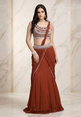 Brown Embroidered Handwork Pre Draped Saree Set