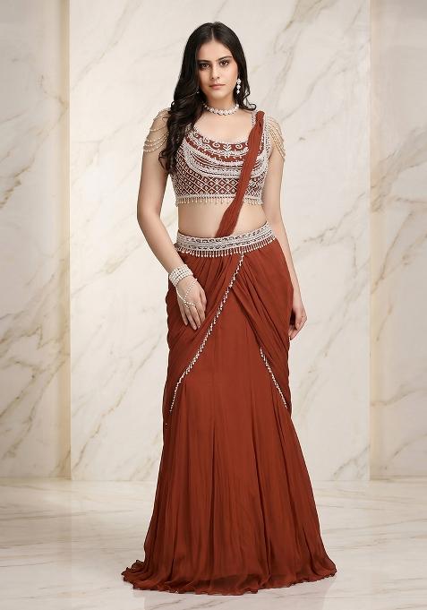 Brown Embroidered Handwork Pre Draped Saree Set