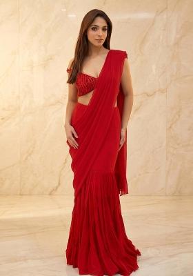 Red Embroidered Handwork Pre Draped Saree Set