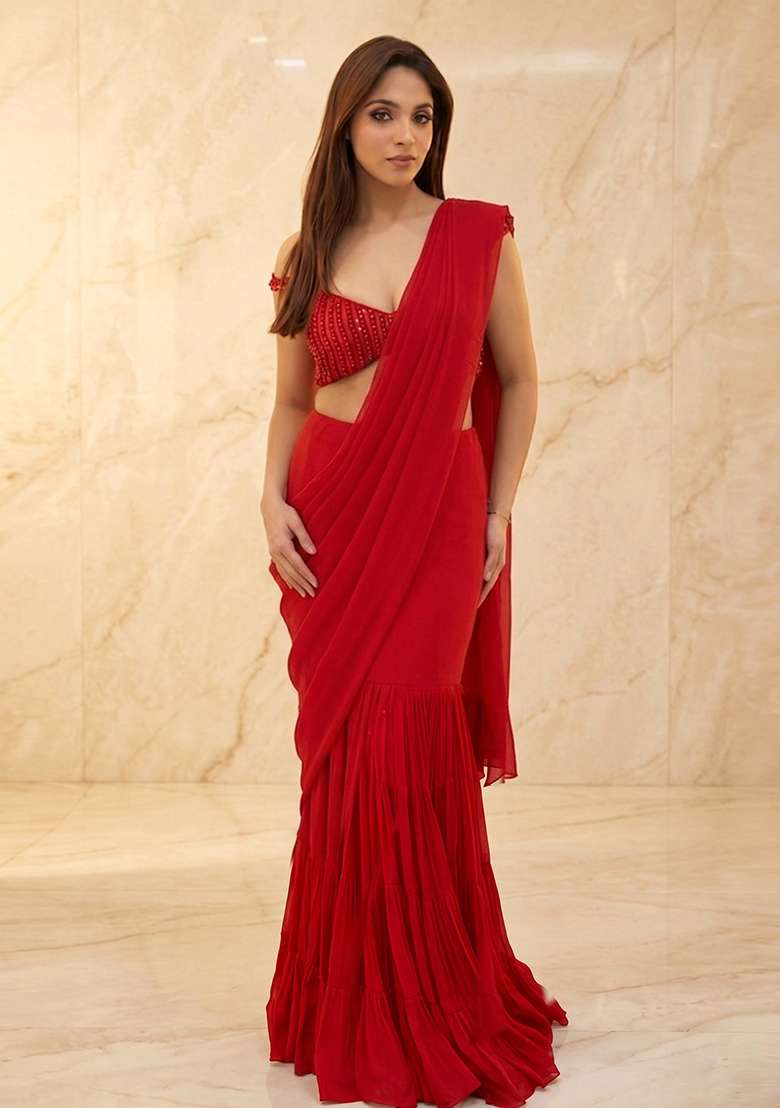 Red Embroidered Handwork Pre Draped Saree Set - Indya