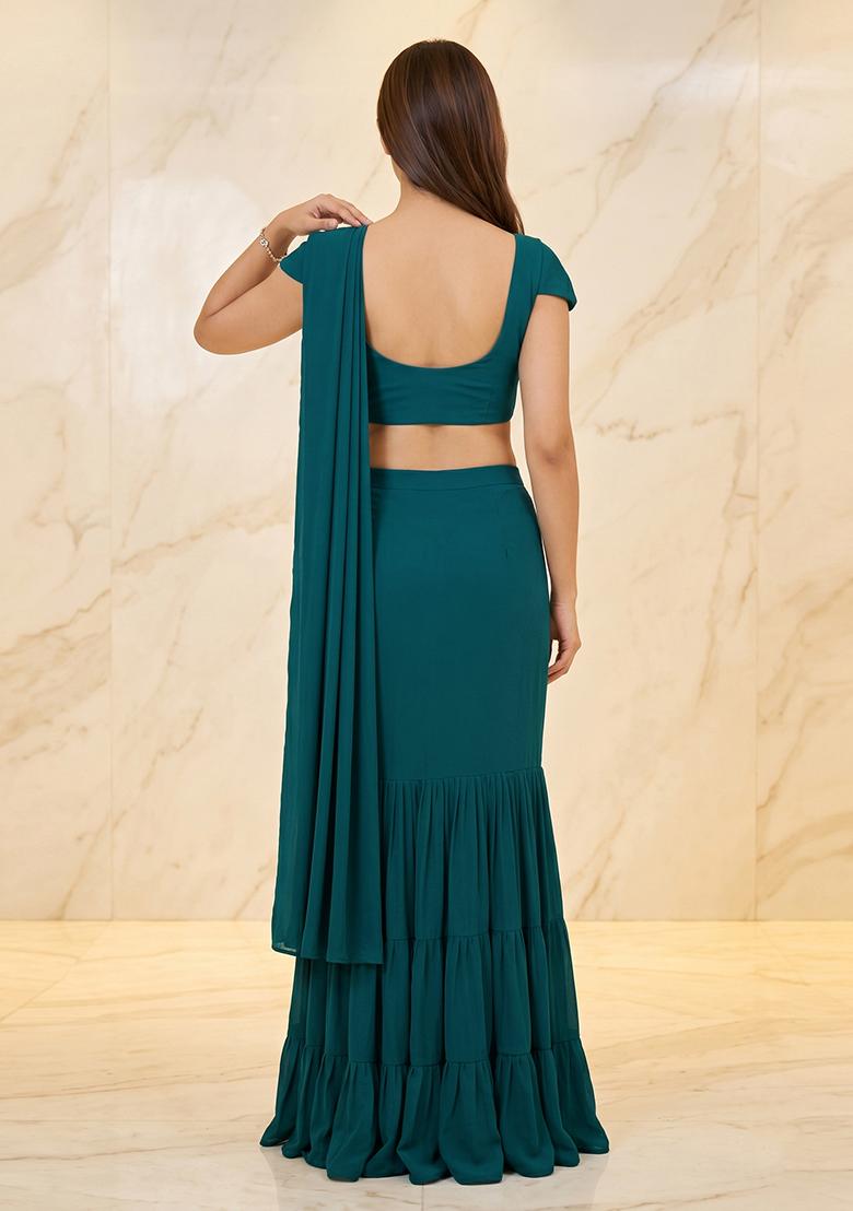 Deep Teal Blue Embroidered Handwork Pre Draped Saree Set - Indya