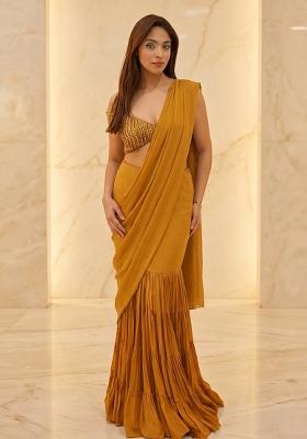 Mustard Embroidered Handwork Pre Draped Saree Set