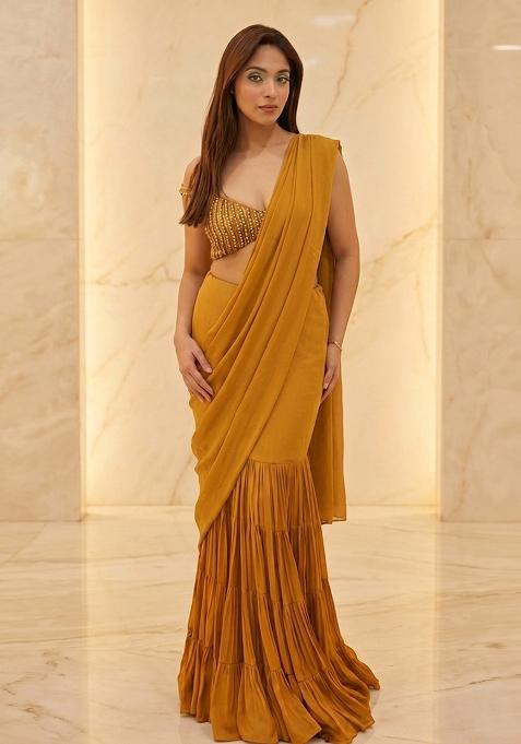 Mustard Embroidered Handwork Pre Draped Saree Set
