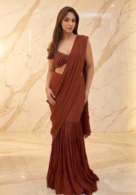 Brown Embroidered Handwork Pre Draped Saree Set