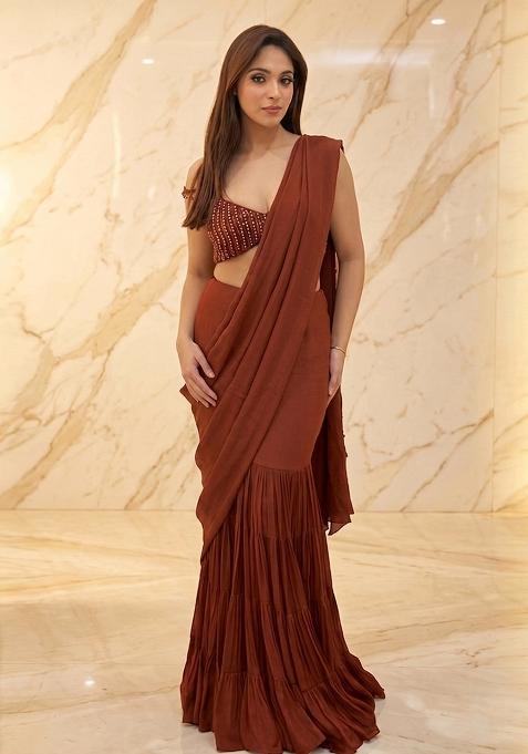 Brown Embroidered Handwork Pre Draped Saree Set