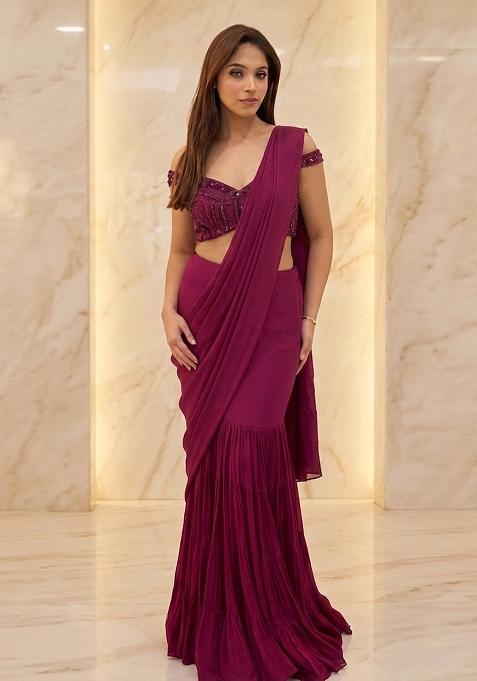 Magenta Embroidered Handwork Pre Draped Saree Set