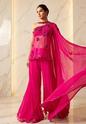 Hot Pink Embroidered Handwork Fusion Set