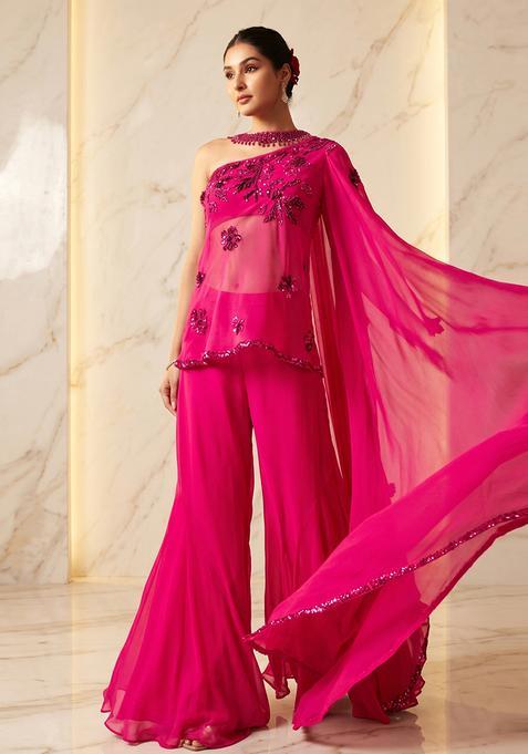 Hot Pink Embroidered Handwork Fusion Set