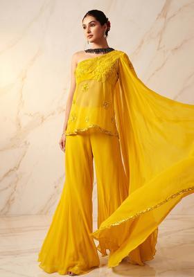 Yellow Embroidered Handwork Fusion Set