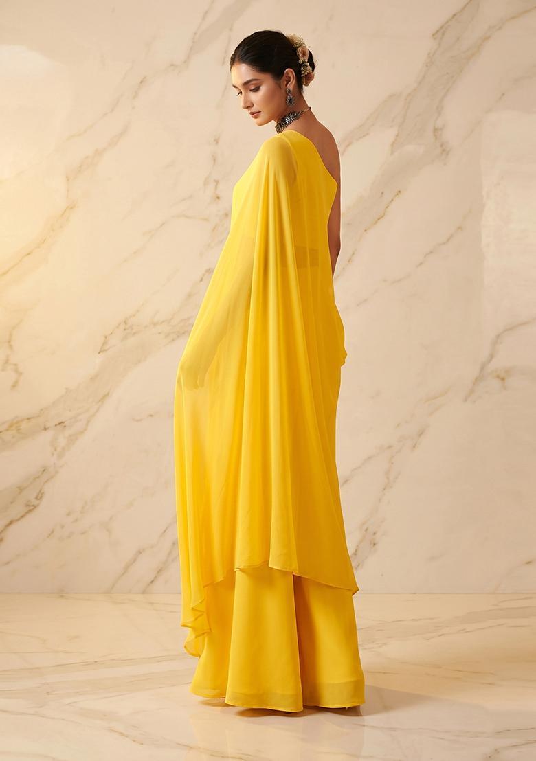 Yellow Embroidered Handwork Fusion Set - Indya