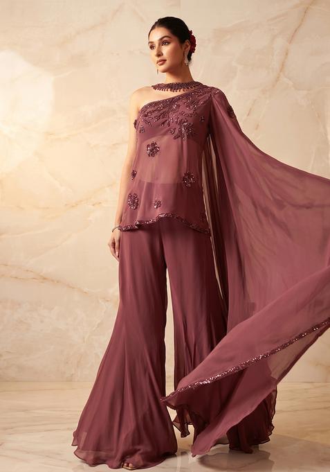 Mauve Embroidered Handwork Fusion Set