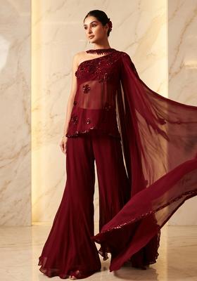 Deep Red Embroidered Handwork Fusion Set