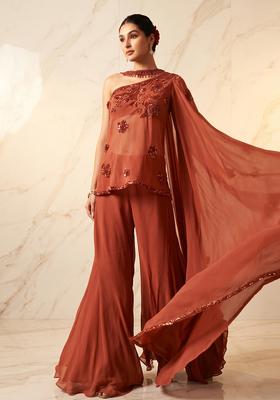 Peach Embroidered Handwork Fusion Set