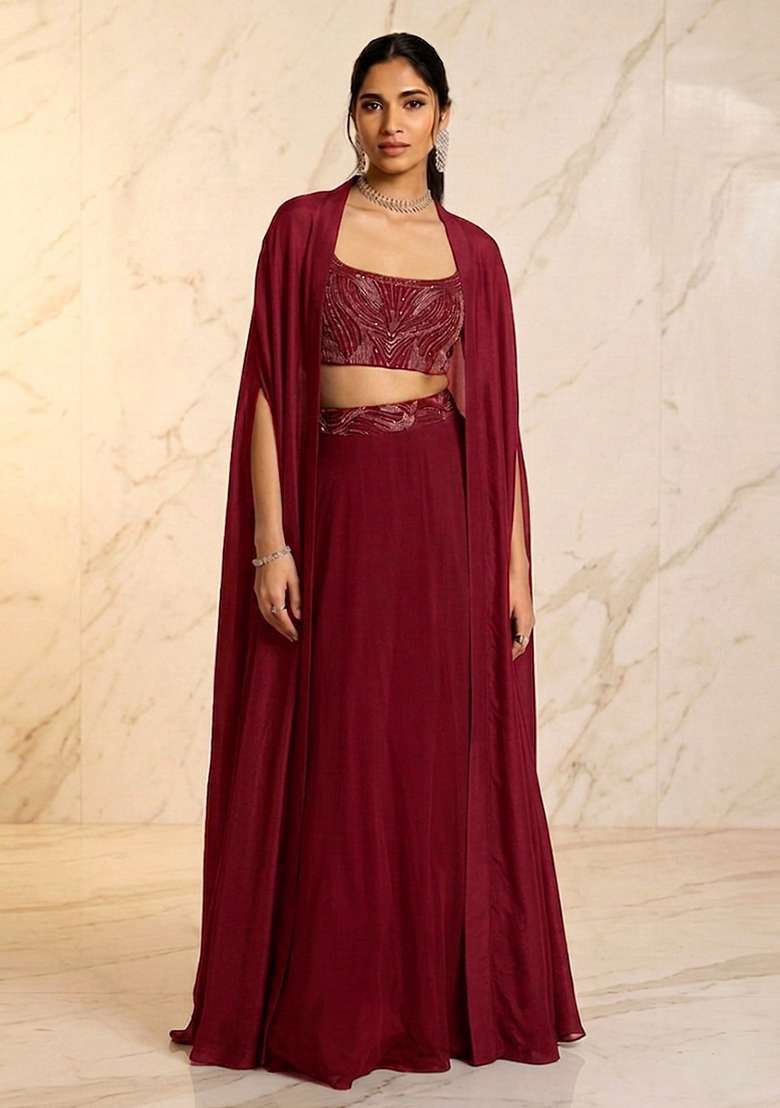 Wine Embroidered Handwork Lehenga Set - Indya