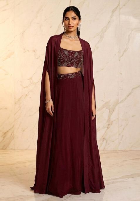 Wine Embroidered Handwork Lehenga Set