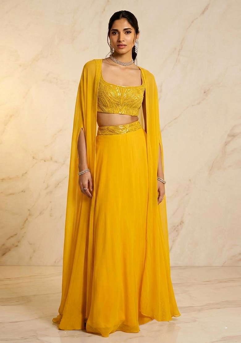 Mustard Embroidered Handwork Lehenga Set - Indya