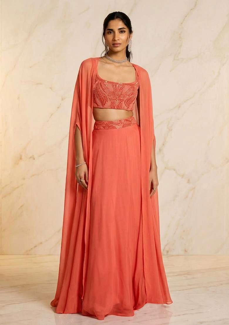 Coral Embroidered Handwork Lehenga Set - Indya