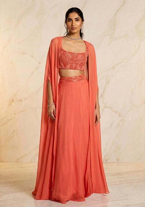 Coral Embroidered Handwork Lehenga Set