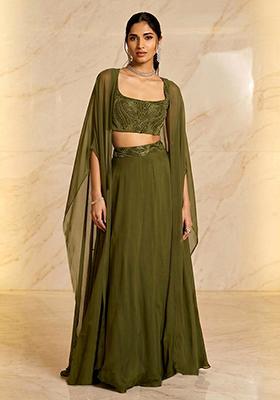 Olive Green Embroidered Handwork Lehenga Set