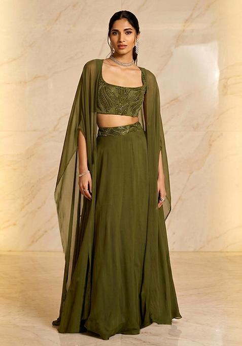 Olive Green Embroidered Handwork Lehenga Set