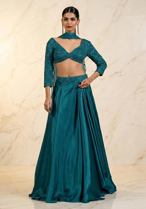 Teal Blue Embroidered Handwork Lehenga Set
