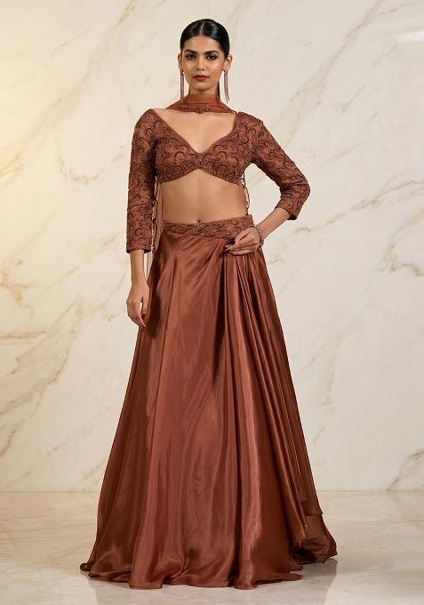 Brown Embroidered Handwork Lehenga Set