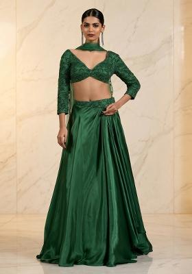 Bottle Green Embroidered Handwork Lehenga Set